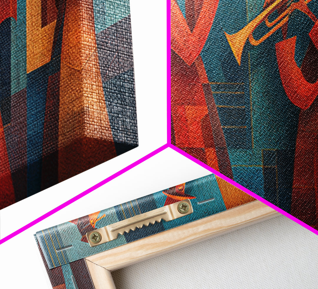 Red Teal Jazz Horn Ensemble Framed Canvas Print, Midcentury Modern Wall Art, Retro Music Poster, Masculine Decor Gift For Him