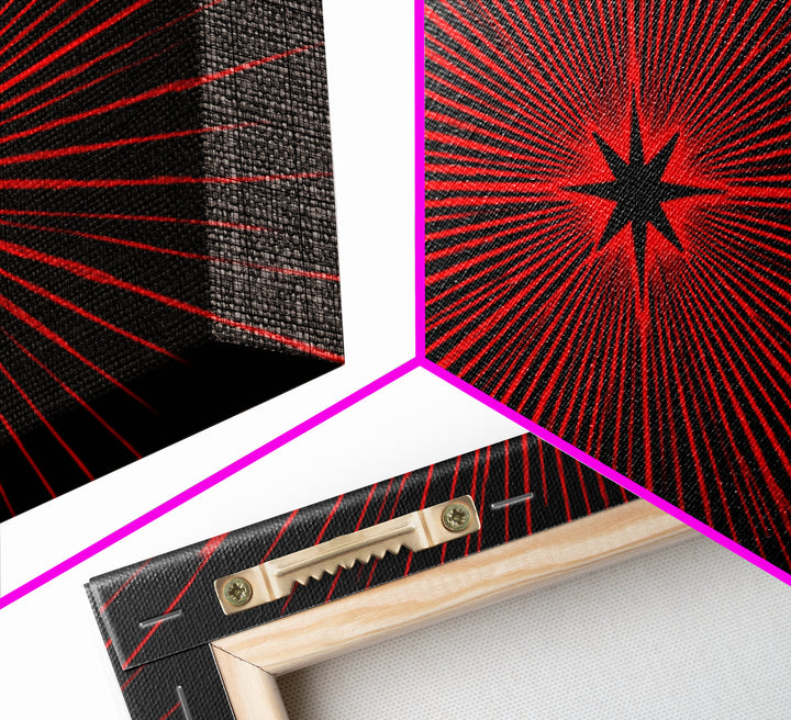 Red Starburst On Black Wall Art, Midcentury Modern Op Art Poster, Atomic Sunburst Canvas Print, Bold Geometric MCM Decor