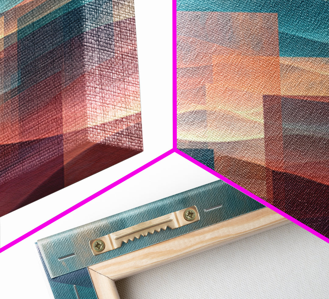 Layered Sunset Mountain Geometry Wall Art, Midcentury Modern Art Print, Teal Pink Landscape Decor, Abstract Home Office Art