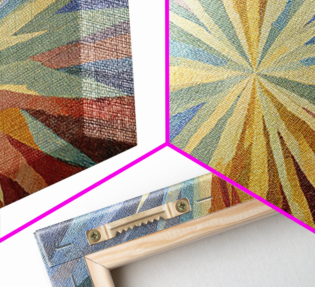 Woven Sunburst Rays Abstract Wall Art, Modern Geometric Art Print, Midcentury Canvas Decor, Blue Yellow Statement Piece Art