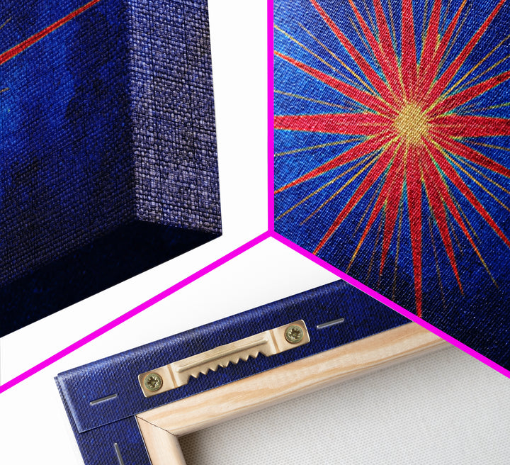 Blue Gold Starburst Framed Canvas Print, Mid Century Modern Atomic Wall Art, Retro Sunburst Poster, Elegant MCM Wall Decor