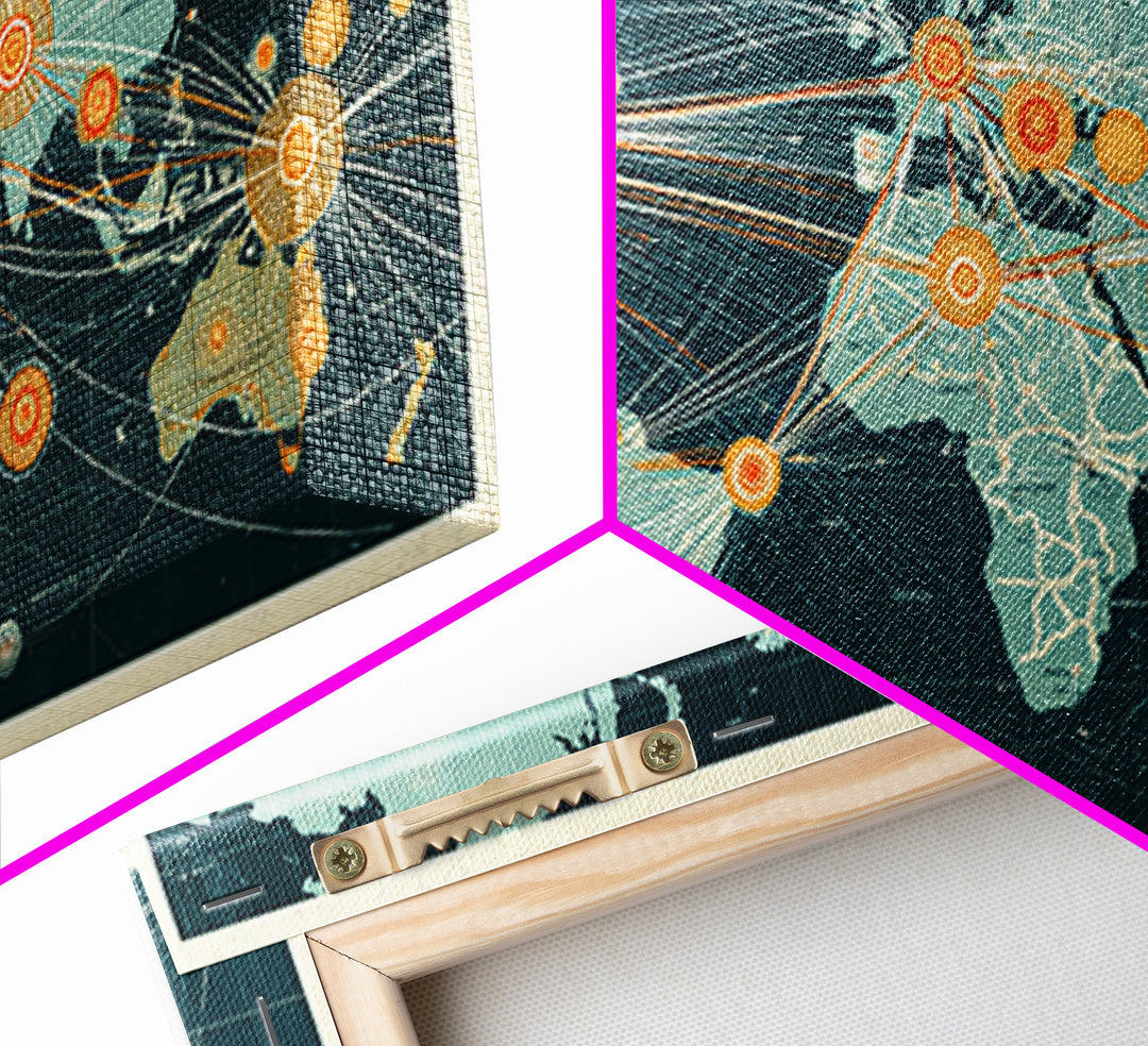 Teal Orange World Map Wall Art, Midcentury Modern Travel Print, Global Network Poster For Office Decor And Living Room Decor