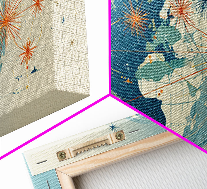 Split Globe Network Wall Art, Midcentury Modern Travel Print, Retro World Map Poster With Starbursts For Home Office Decor