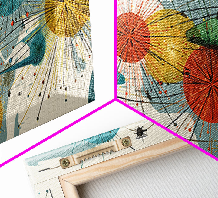 Abstract World Map Starburst Canvas Print, Midcentury Modern Geometric Wall Art, Retro Global Network Decor For Office Or Home