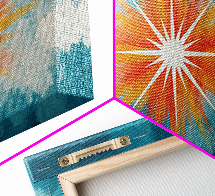 Teal Cloud Sunrise Starburst Canvas Print, Midcentury Modern Nature Wall Art, Retro Sun Poster, Colorful Scenic MCM Decor