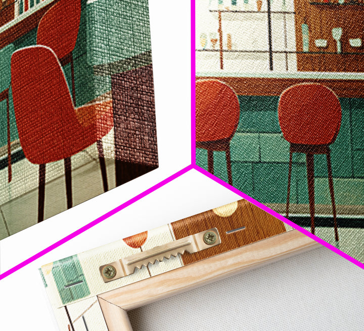 Retro Cocktail Bar With Red Chairs And Teal Cabinets, Mid Century Modern Wall Art, MCM Lounge Decor, Canvas Style Print Gift