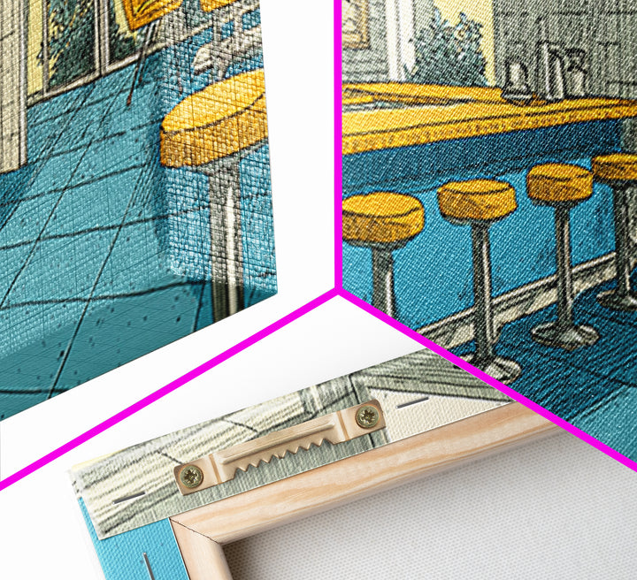 Retro Blue And Yellow Hotel Bar With Round Stools, Mid Century Modern Wall Art, MCM Lounge Decor, Diner Interior Print Poster