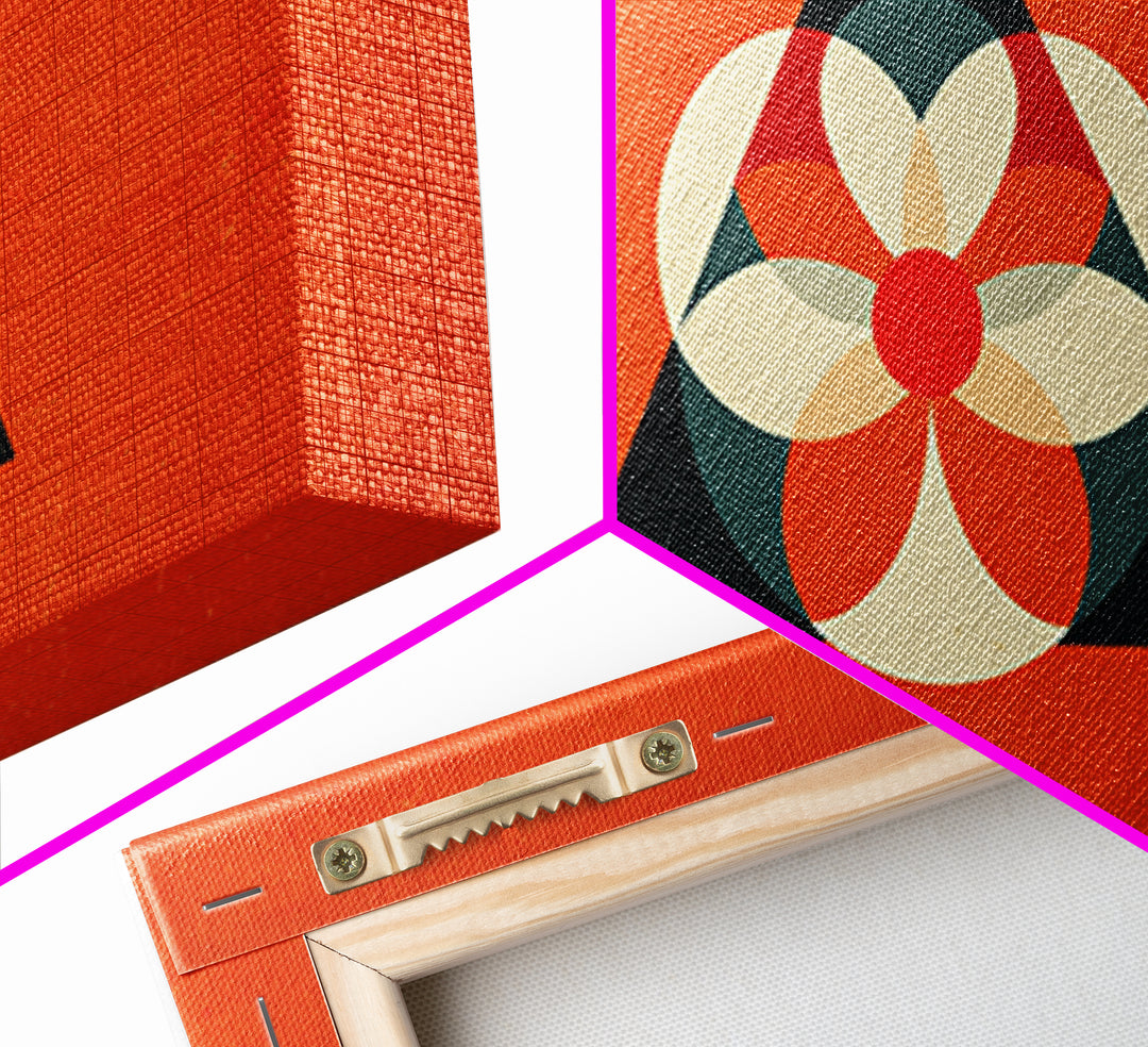 Orange Geometric Flower In Black Triangle, Mid Century Modern Canvas Print, Atomic Bauhaus Wall Decor, Abstract MCM Poster