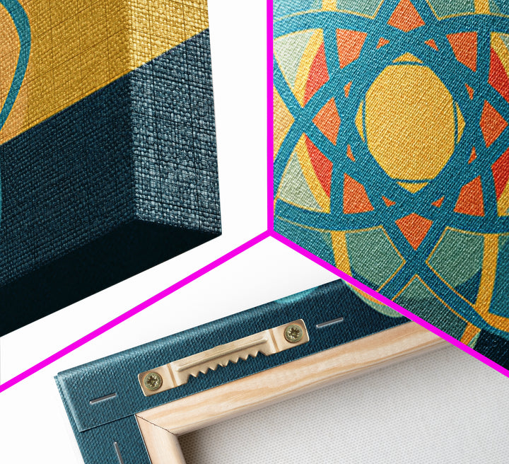 Teal And Gold Atomic Orbit Abstract, Mid Century Modern Wall Art, Retro Science Decor, Geometric MCM Canvas Print Poster