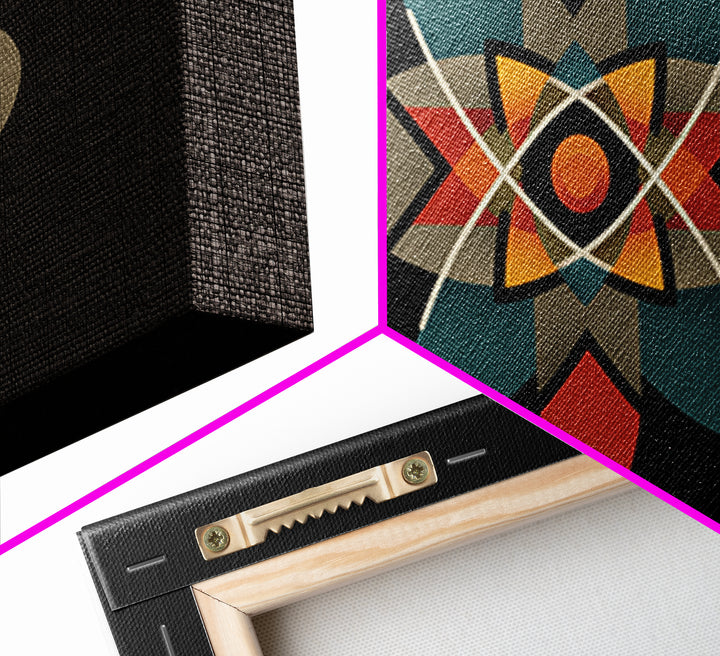 Black Atomic Starburst With Teal Orange Shapes, Mid Century Modern Canvas Print, Retro Space Wall Art, Geometric MCM Decor