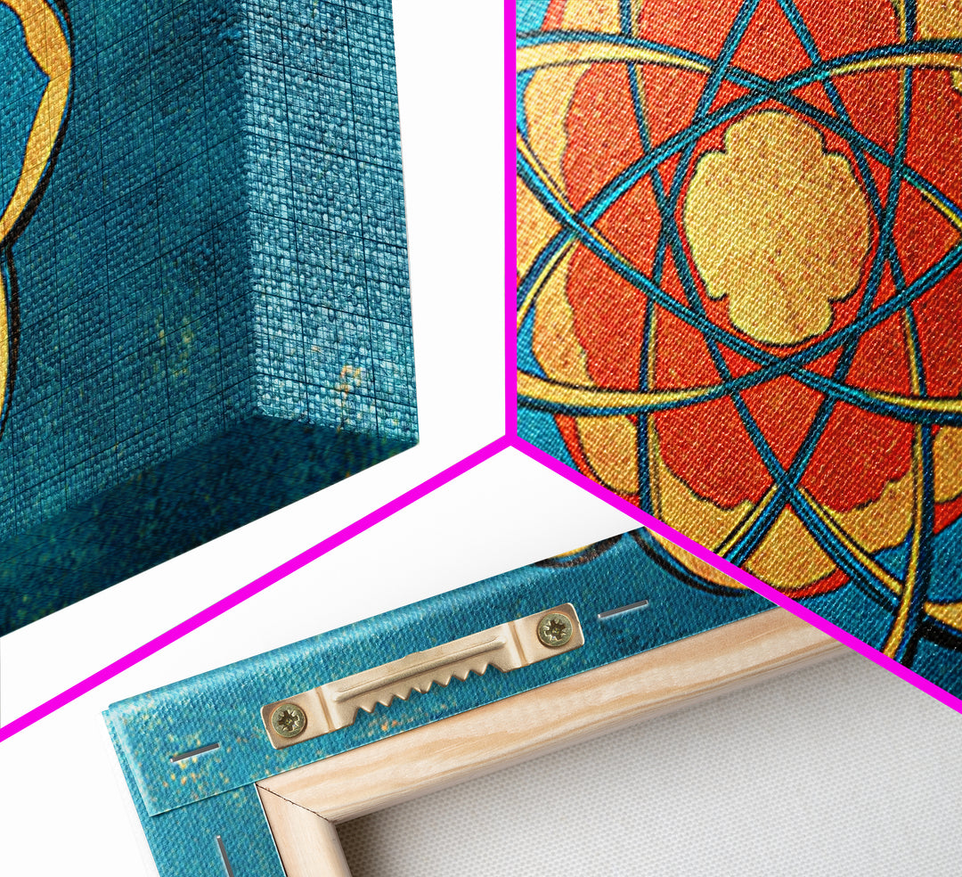 Teal And Orange Atomic Flower Mandala, Mid Century Modern Wall Art, Geometric Abstract Decor, Retro MCM Canvas Print Poster