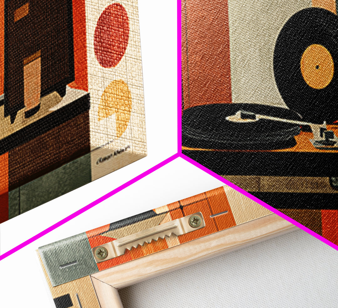 Midcentury Record Player Still Life With Bottle And Radio, Framed Canvas Print, MCM Wall Art, Retro Music Home Decor Poster