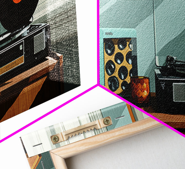 Modern Record Player And Plant Framed Canvas Print, Mid Century Modern Wall Art, Retro Vinyl Decor For Office Or Music Room