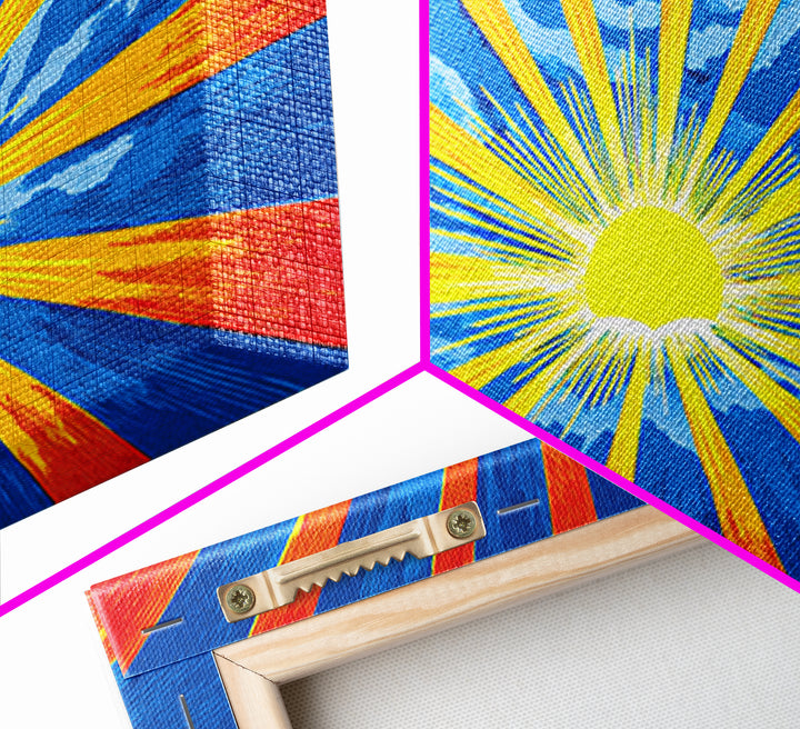 Radiant Sunburst Canvas Print, Blue Orange Yellow Rays Poster, Midcentury Modern Art, Retro Wall Decor, Geometric MCM Print