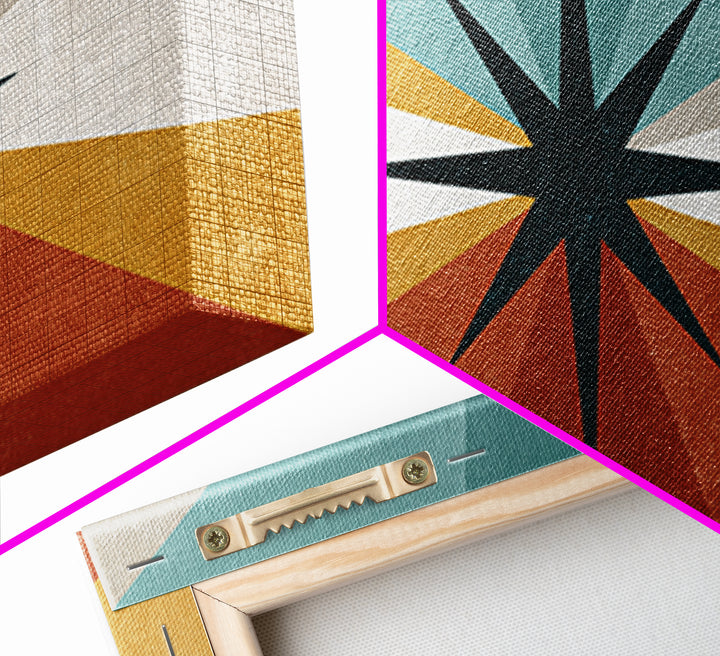 Compass Star Geometric Abstract Wall Art, Mid Century Modern Atomic Poster, Retro MCM Canvas Print, Teal Orange Wall Decor
