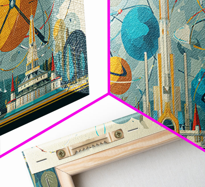 Atomic Planets Over Futuristic Fair City Wall Art, Midcentury Modern Art, Retro Space Poster, MCM Decor, Geometric Canvas Print