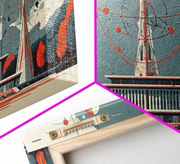 Modernist Atomic Pavilion With Red Orbit Diagrams Wall Art, Midcentury Modern Decor, Bauhaus Poster, Framed Canvas Print