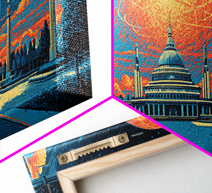 Glowing Orange Planet Over Capitol Skyline Wall Art, Retro Sci Fi Poster, Washington DC Decor, Atomic Midcentury Canvas Print