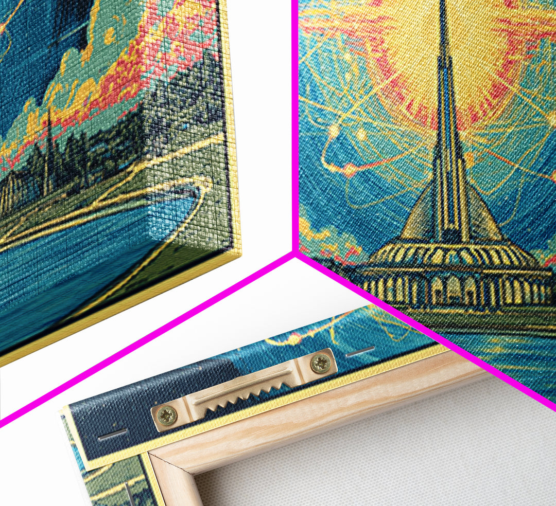 Atomic Sun Above Futuristic Tower And Reflecting Pool Wall Art, Midcentury Modern Decor, Retro Space Framed Canvas Print