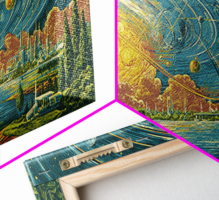 Orbiting Planets Over Futuristic Lake City Wall Art, Retro Modern Art Print, Midcentury Decor, MCM Wall Decor, Atomic Canvas Print