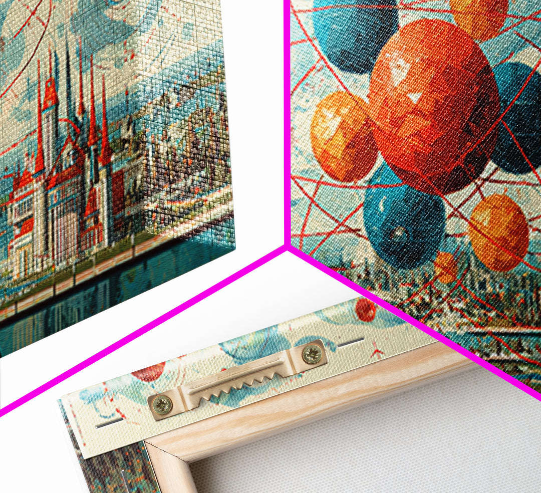 Giant Atomic Spheres Above Worlds Fair City Wall Art, Midcentury Modern Art, Retro Science Poster, MCM Decor, Framed Canvas Print