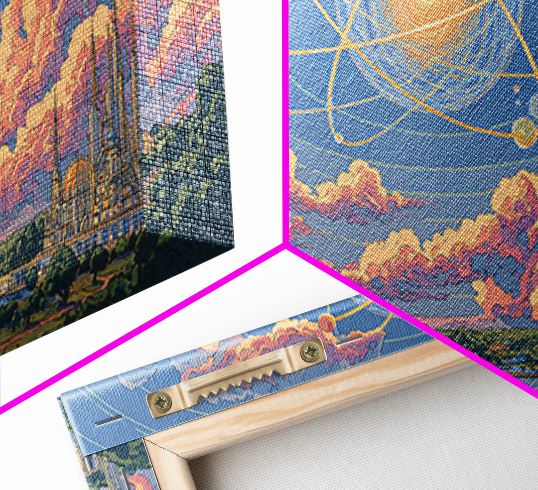 Pastel Atomic Sky Over River And Future Cities Wall Art, Retro Modern Decor, Midcentury Art Print, Pink Blue Framed Canvas Print