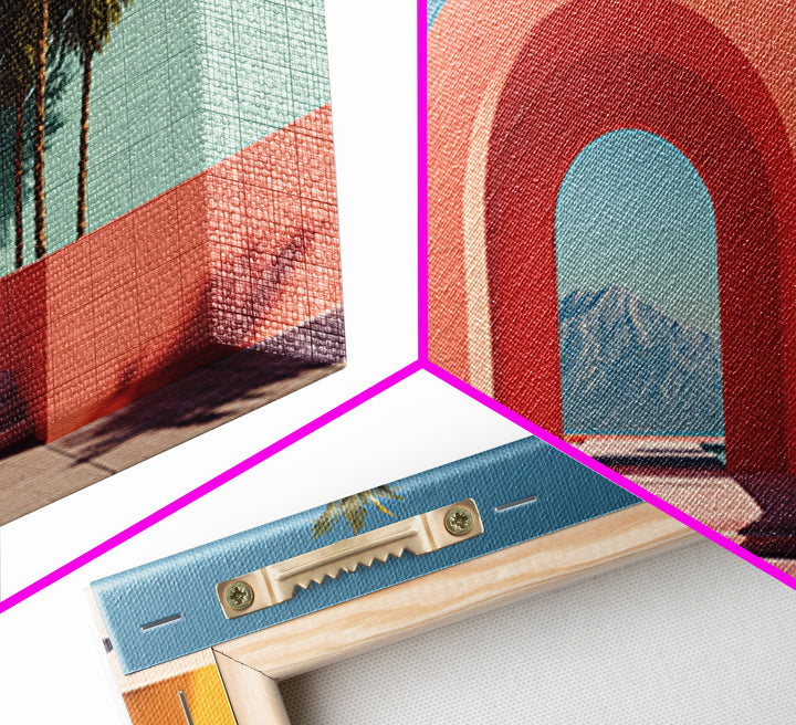 Pink Desert Archway With Palms And Mountain View Wall Art, Midcentury Modern Palm Springs Decor, Retro Landscape Print Poster
