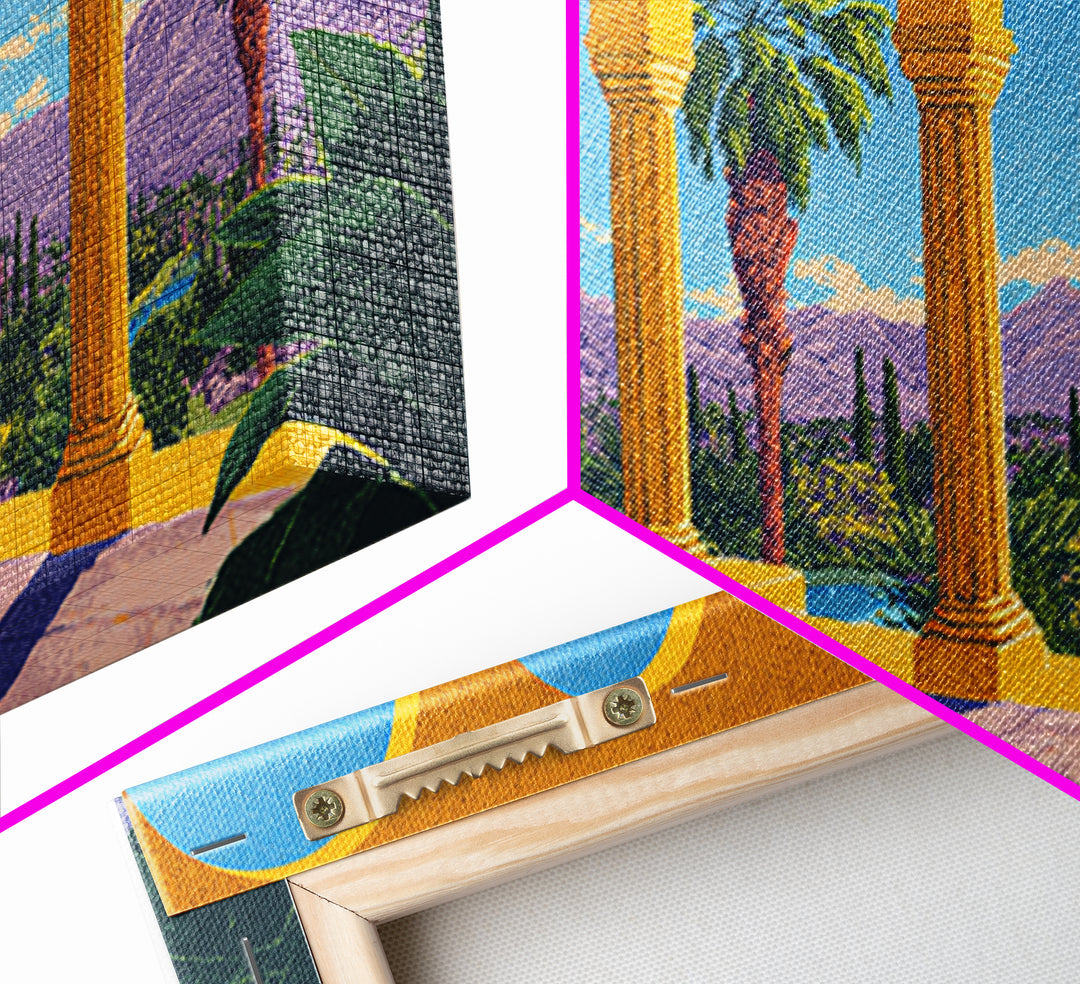 Golden Arcade Arches With Palms And Purple Mountains Wall Art, Midcentury Modern Travel Poster, Retro Palm Springs Decor