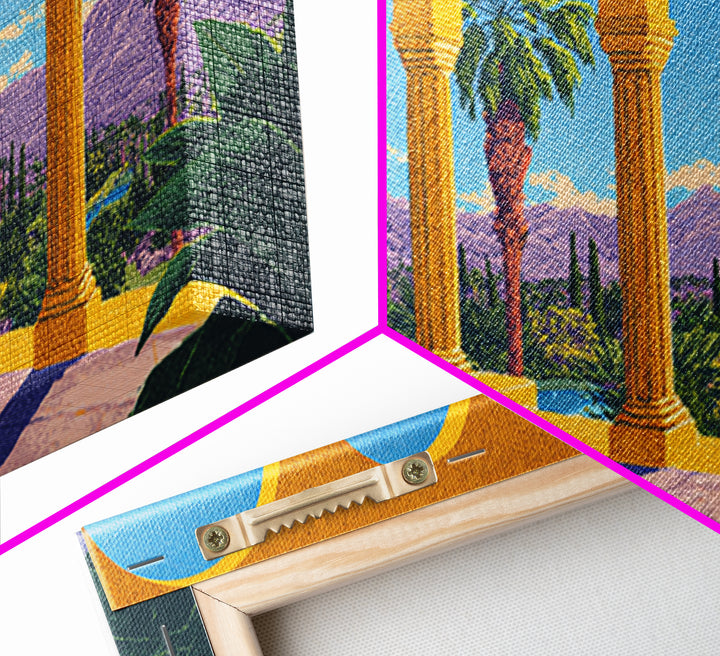 Golden Arcade Arches With Palms And Purple Mountains Wall Art, Midcentury Modern Travel Poster, Retro Palm Springs Decor