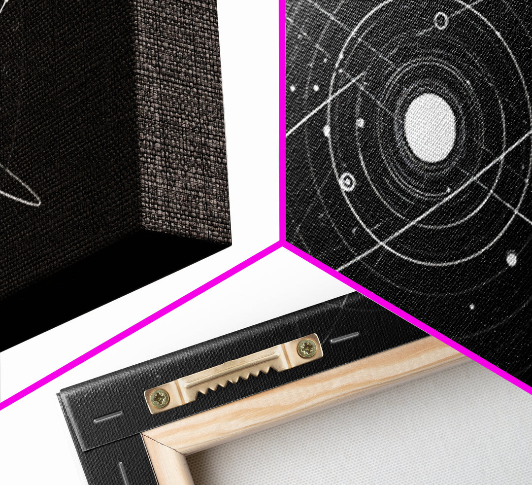 White Orbital Solar System On Black Canvas Print, Space Abstract Art, Atomic Midcentury Decor, Sci Fi Office Wall Decor Print