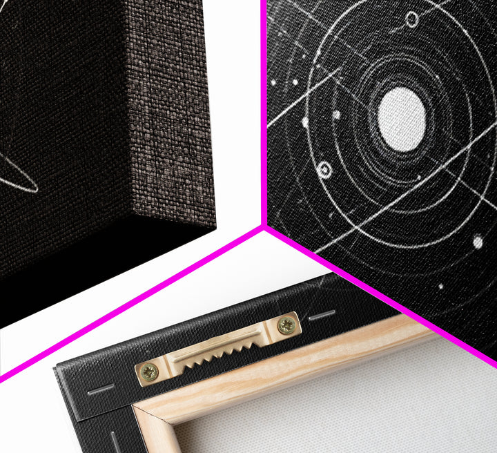 White Orbital Solar System On Black Canvas Print, Space Abstract Art, Atomic Midcentury Decor, Sci Fi Office Wall Decor Print