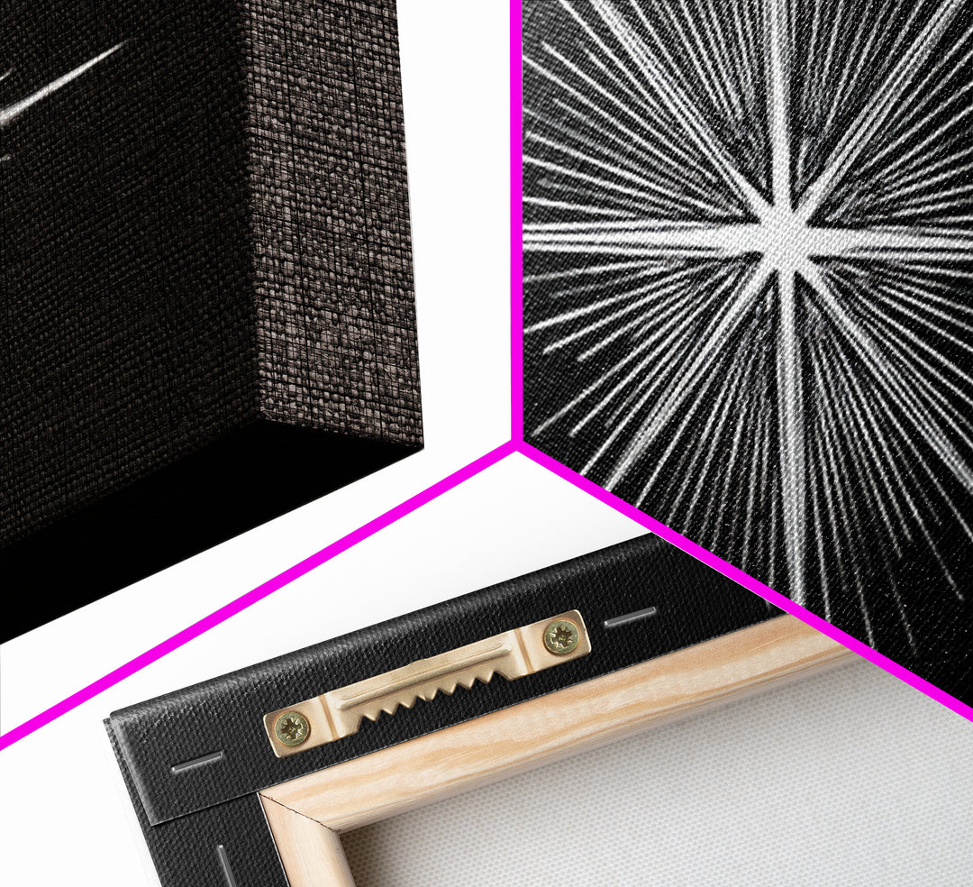 Radiant White Starburst On Black Canvas Print, Atomic Midcentury Wall Art, Minimal Modern Decor, Sci Fi Office Poster Print
