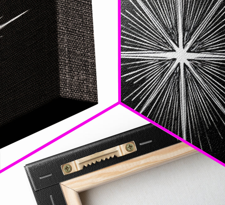 Radiant White Starburst On Black Canvas Print, Atomic Midcentury Wall Art, Minimal Modern Decor, Sci Fi Office Poster Print