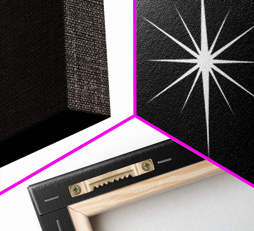 Minimal White Compass Star On Black Canvas Print, Atomic Midcentury Wall Art, Modern Abstract Decor, Office Poster Print