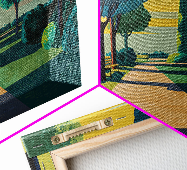 Sunlit Garden Path Framed Canvas Print, Midcentury Modern Wall Art, Scenic Landscape Poster, Green Home Office Decor Gift