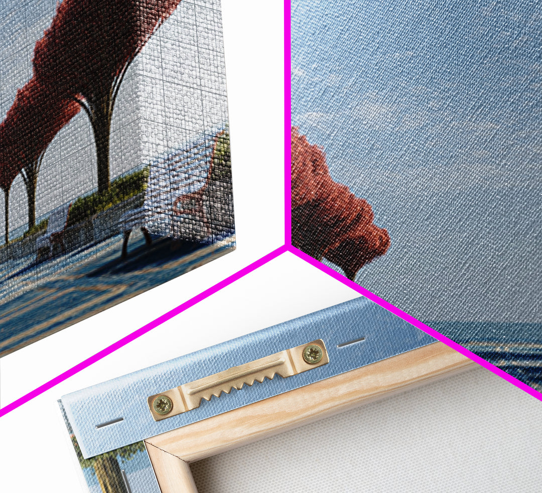 Seaside Promenade With Red Trees Wall Art, Modern Coastal Landscape Print, Midcentury Decor, Blue Ocean Living Room Decor