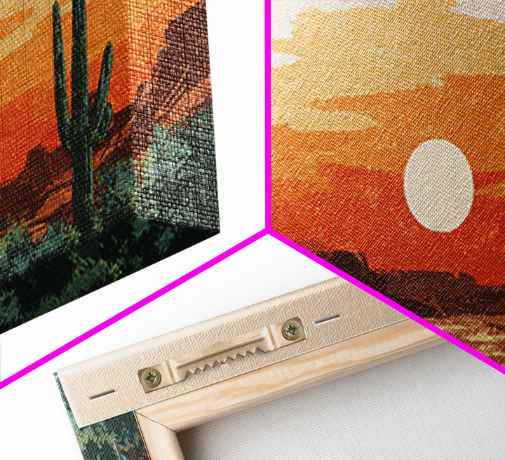 Saguaro Desert Sunset Canvas Print, Midcentury Wall Art, Retro Southwestern Decor, Orange Cactus Landscape Poster Gift For Home