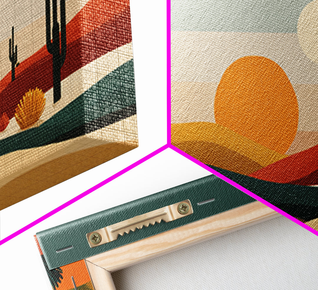 Modern Cactus Dunes Canvas Print, Midcentury Desert Wall Art, Southwestern Landscape Poster, Orange Sun Home Office Decor