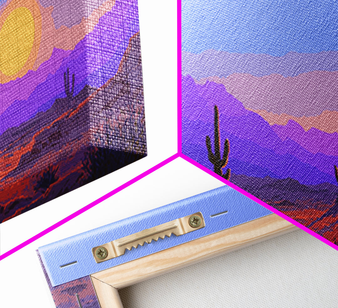 Purple Desert Mountains Canvas Print, Retro Cactus Sunset Wall Art, Midcentury Modern Landscape Poster, Colorful Home Decor