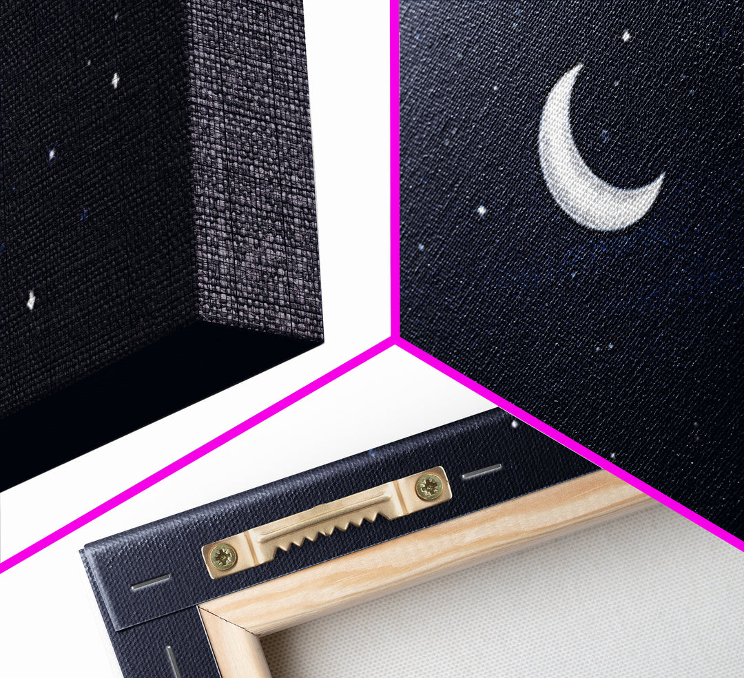 White Crescent Moon And Stars Wall Art, Dreamy Navy Celestial Night Sky Print, Minimalist Space Decor For Bedroom Or Nursery