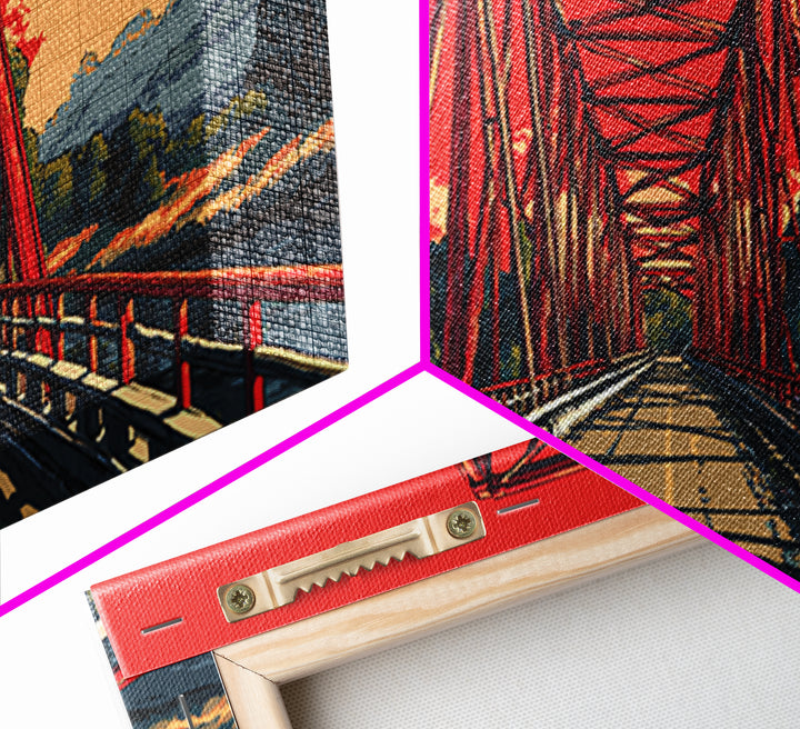 Red Steel Bridge At Sunset Wall Art, Retro Travel Poster Print, Bold Landscape Decor, Scenic Road Art For Office Or Man Cave