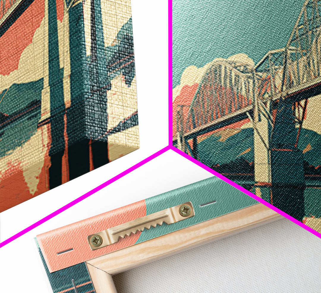 Retro Steel Bridge Sunset Wall Art, Midcentury Modern Landscape Print, Teal Orange Travel Poster, Living Room Home Office Decor