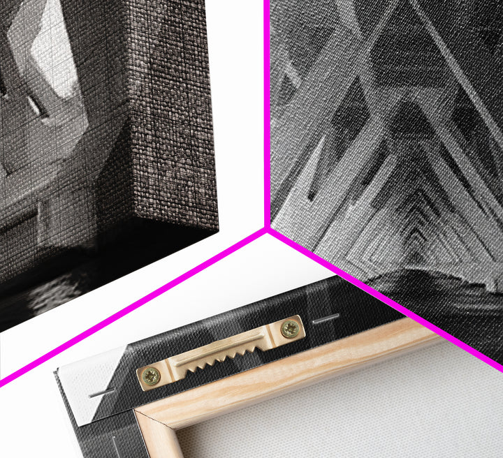 Black And White Bridge Underside Canvas Print, Architectural Art, Geometric Perspective, Modern Wall Decor For Office Study