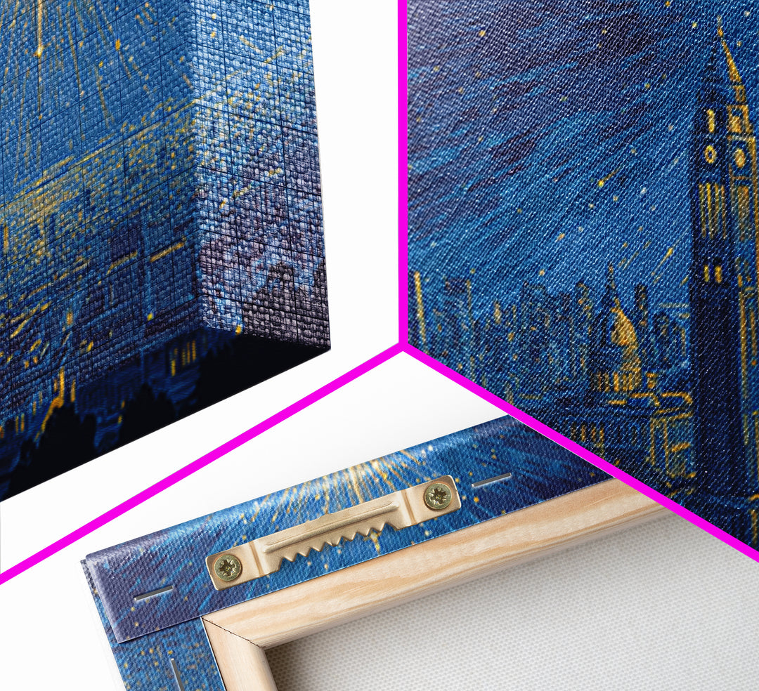 Blue City Skyline Starburst Canvas Print, Midcentury Modern Night Art, Celestial Urban Poster, Home Office Wall Decor Gift