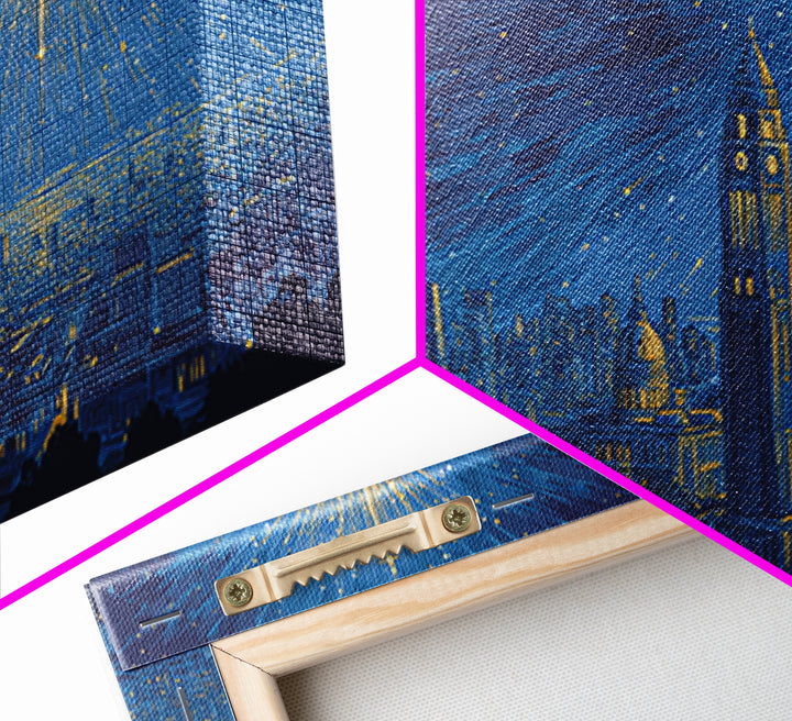Blue City Skyline Starburst Canvas Print, Midcentury Modern Night Art, Celestial Urban Poster, Home Office Wall Decor Gift