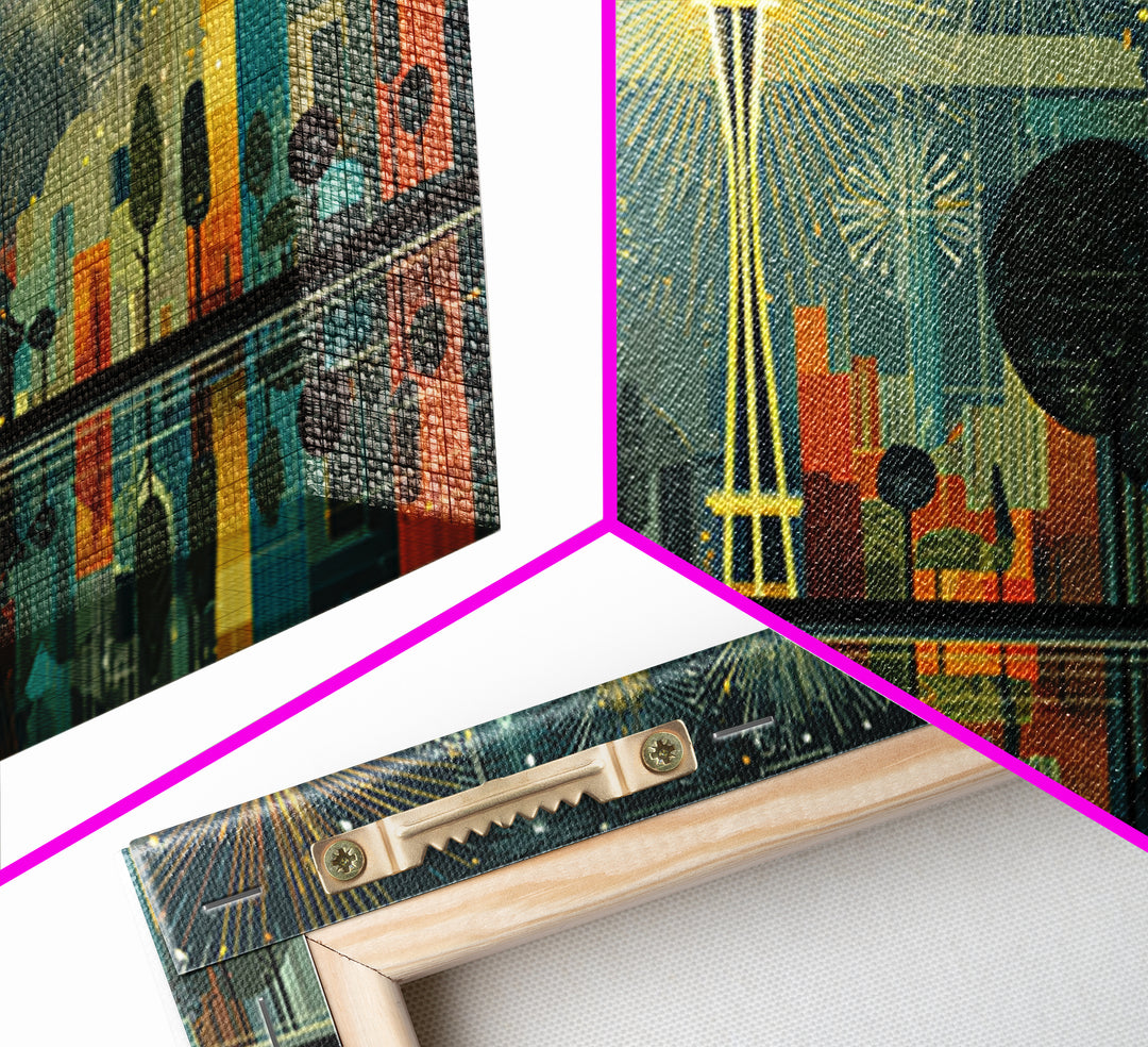 Seattle Space Needle Fireworks Wall Art, Midcentury Modern Cityscape Print, Retro Skyline Poster, Living Room Office Decor