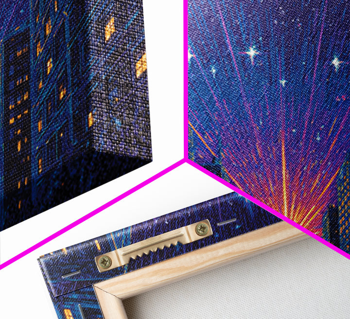 Urban Starburst City Street Wall Art, Modern Night Skyline Print, Blue Orange Retro Poster, Apartment And Office Decor Gift