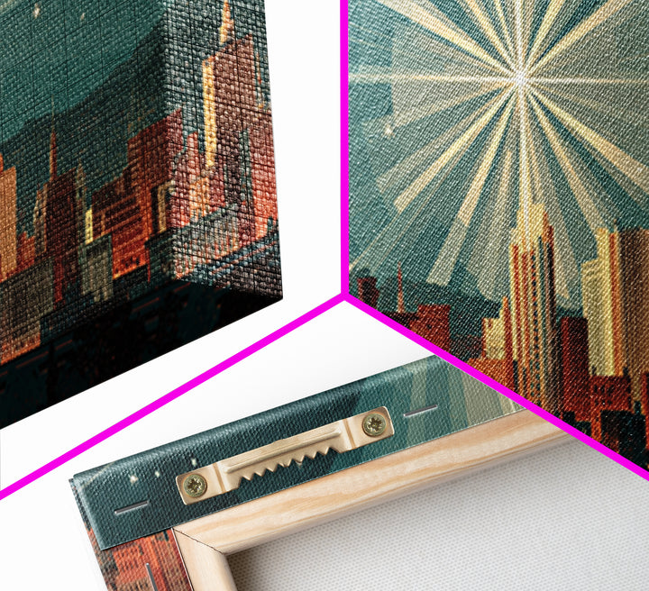 Art Deco City Skyline Wall Art, Geometric Sunburst Night Print, Midcentury Modern Poster, Teal Neutral Living Room Office Decor