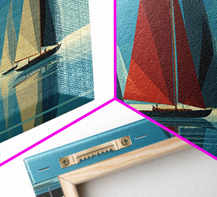 Abstract Sailboat Regatta Canvas Print, Midcentury Modern Nautical Wall Art, Blue Red Coastal Poster, Beach House Home Decor