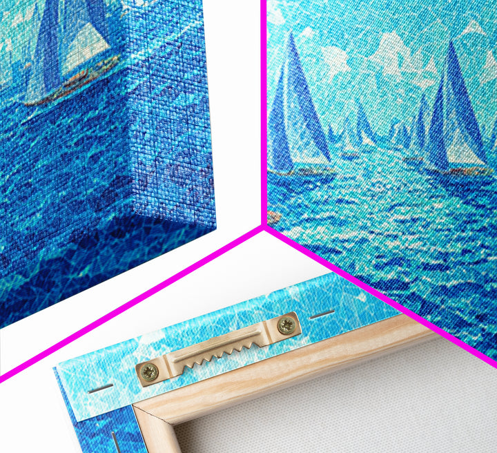 Bright Blue Sailboats Wall Art, Ocean Regatta Canvas Print, Coastal Modern Nautical Poster, Beach House Living Room Decor